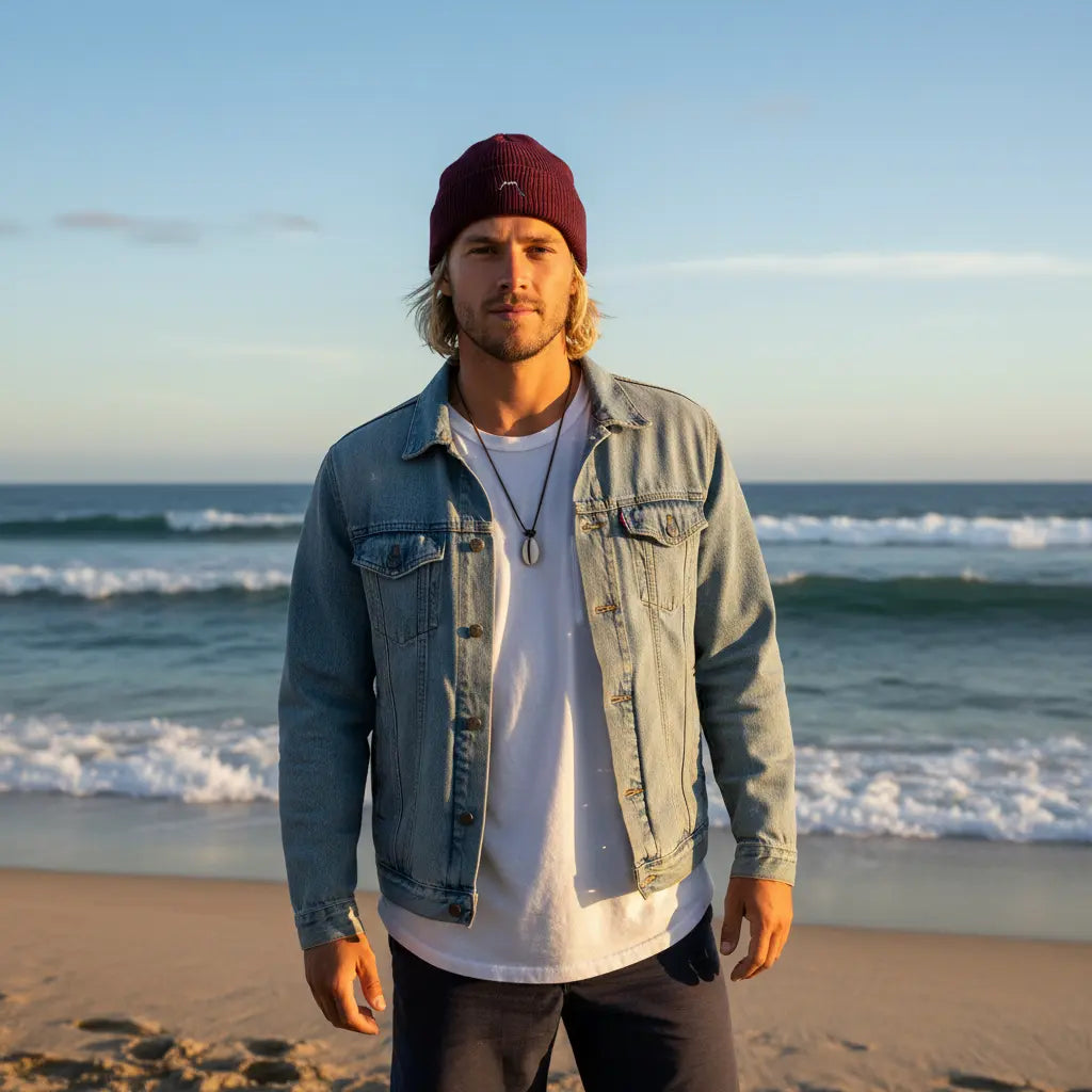 homme typé surfeur portant le bonnet côtelé et brodé en coton bio travis coloris rouge bordeaux sur une plage