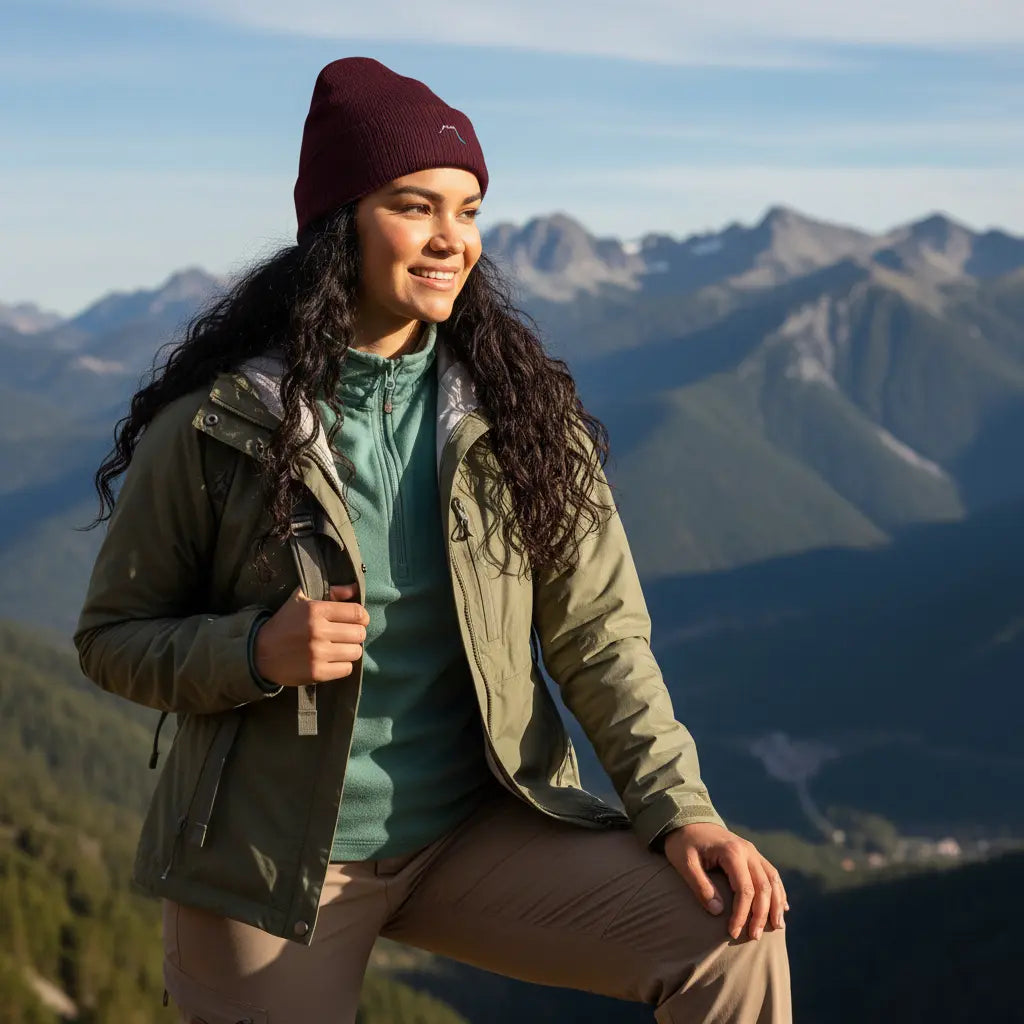 femme portant le bonnet côtelé et brodé en coton bio travis coloris rouge bordeaux en randonnée à la montagne