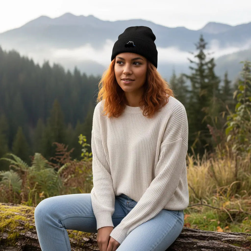 femme portant le bonnet côtelé et brodé en coton bio travis coloris noir en pleine nature