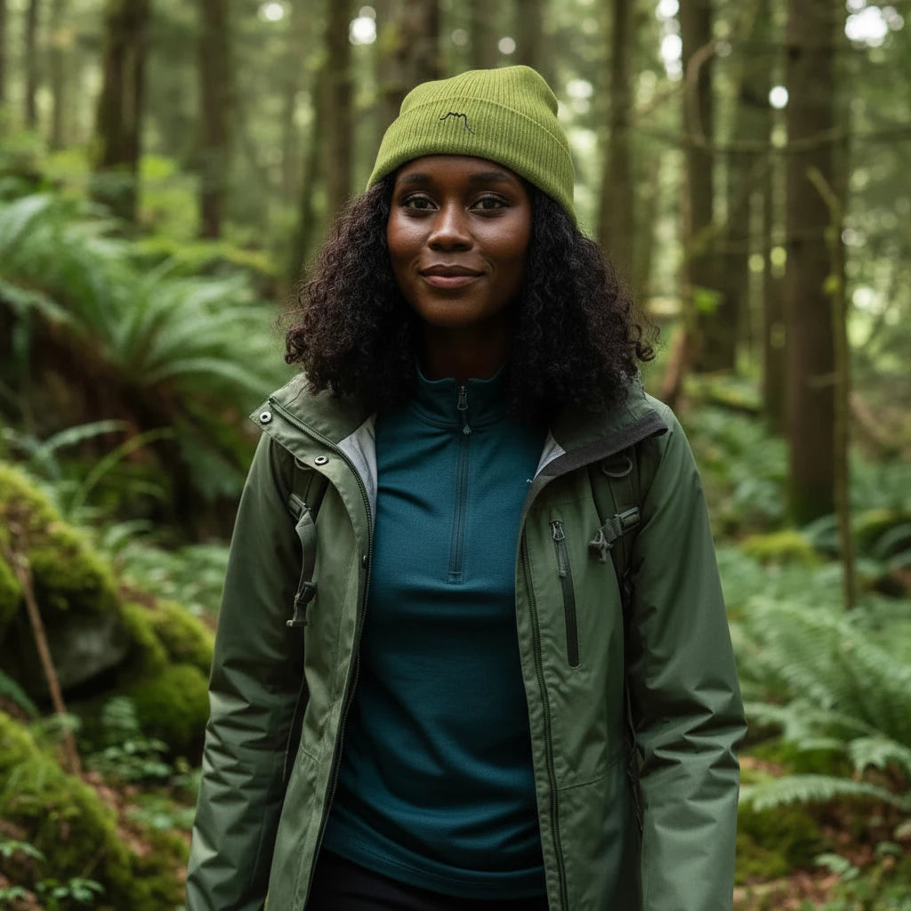 femme portant le bonnet côtelé brodé en coton bio travis coloris vert pistache en forêt
