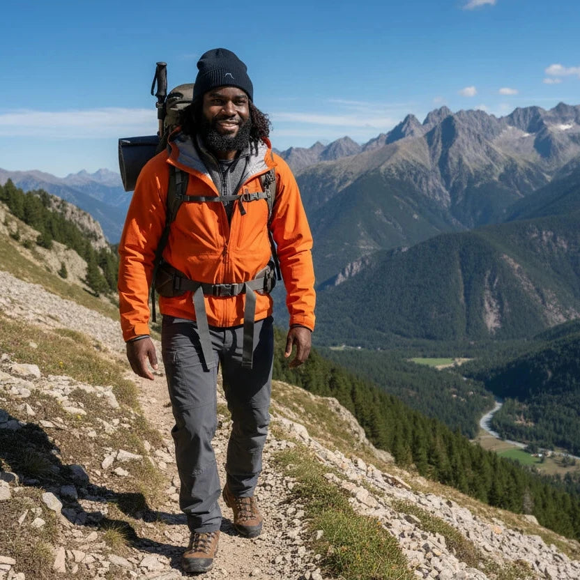homme portant le bonnet côtelé et brodé en coton bio travis coloris bleu marine en randonnée dans les pyrénées