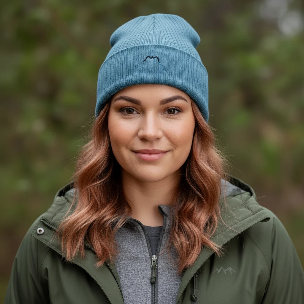 femme portant le bonnet côtelé et brodé en coton bio travis coloris bleu glacier en pleine nature