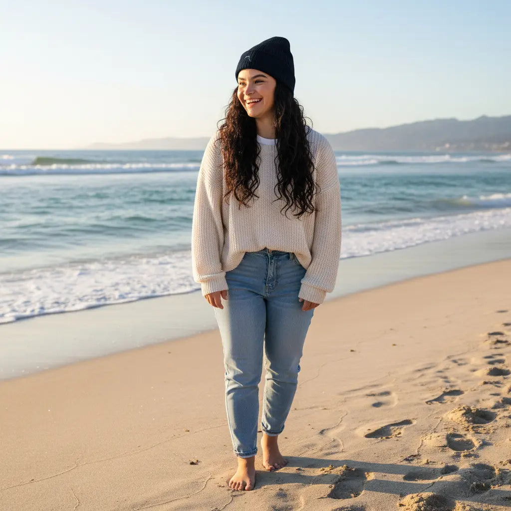 jeune fille portant le bonnet côtelé et brodé en coton bio travis coloris bleu marine sur une plage