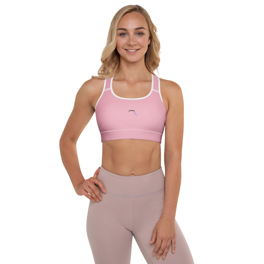 vue de face de la brassière de sport rembourrée Alicia - coloris rose et blanc