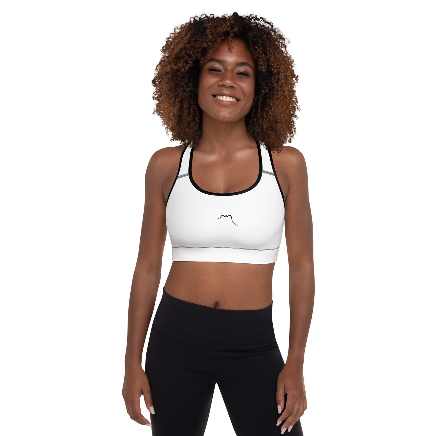 vue de face de la brassière de sport rembourrée Alicia - coloris blanc et noir