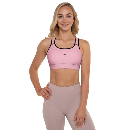 vue de face de la brassière de sport rembourrée Alicia - coloris rose et noir