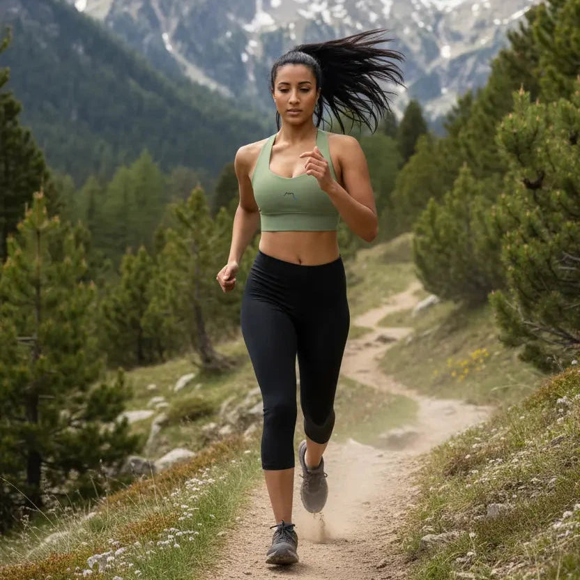 femme portant la brassière de sport éco-responsable carlina coloris vert kaki qui court à la montagne