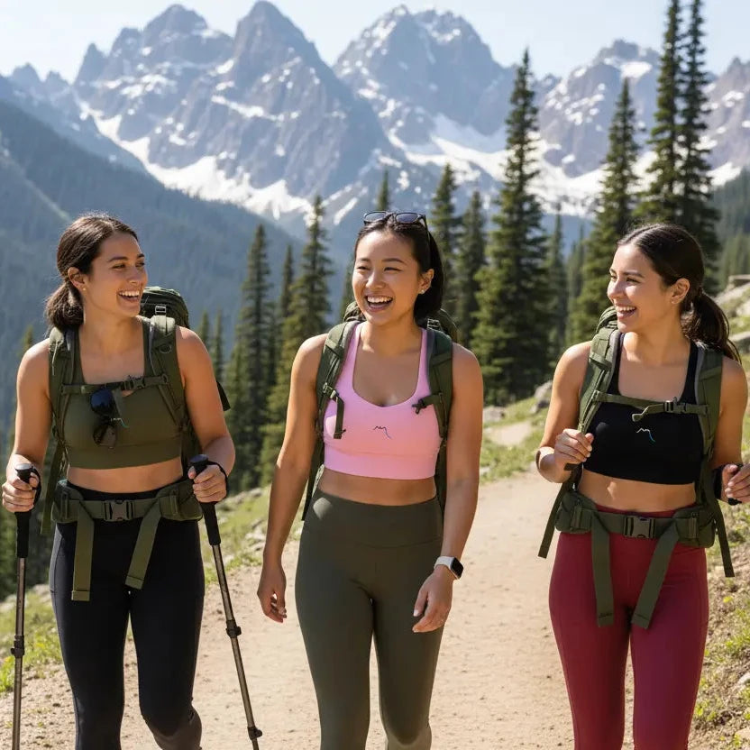 femme portant la brassière de sport éco-responsable carlina coloris rose en randonnée à la montagne