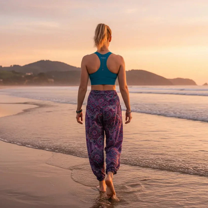 femme portant la brassière de sport éco-responsable carlina coloris bleu pétrole sur la plage