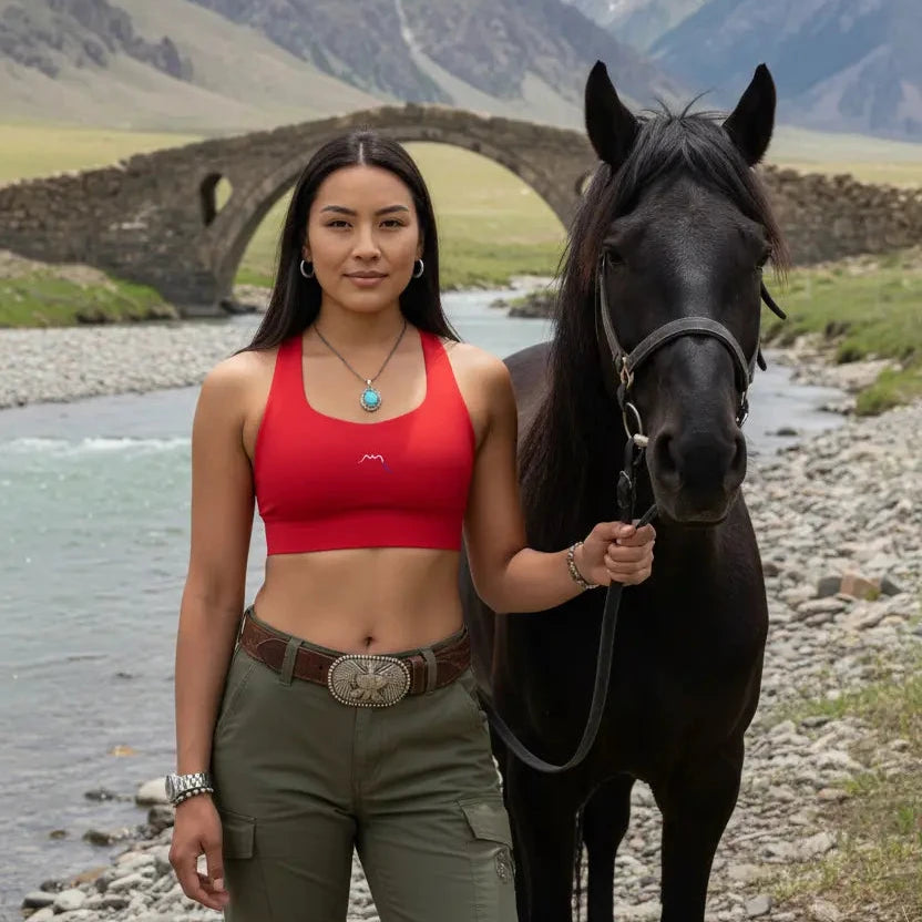 femme portant la brassière de sport éco-responsable carlina coloris rouge foncé avec son cheval en pleine nature