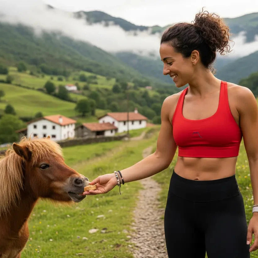 femme portant la brassière de sport éco-responsable carlina coloris rouge devant un pottok