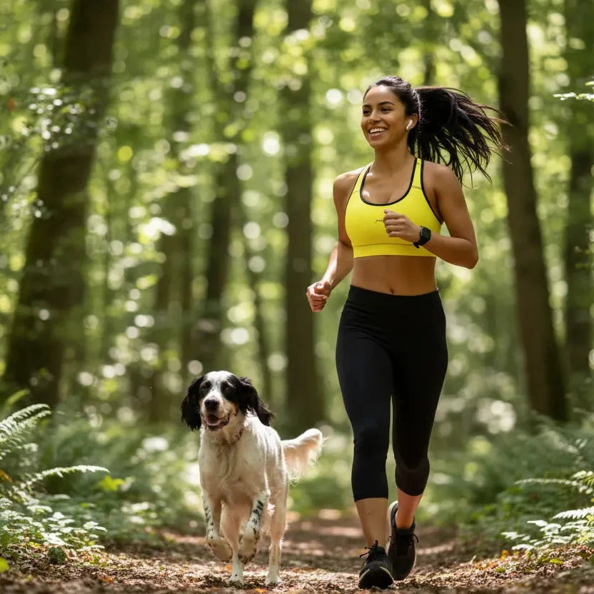 femme portant la brassière de sport éco-responsable rembourée alicia coloris jaune et noir qui court en forêt