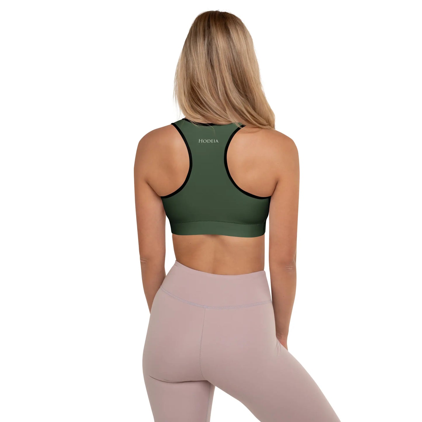 brassière de sport rembourrée et éco responsable alicia dos coloris vert forêt et noir