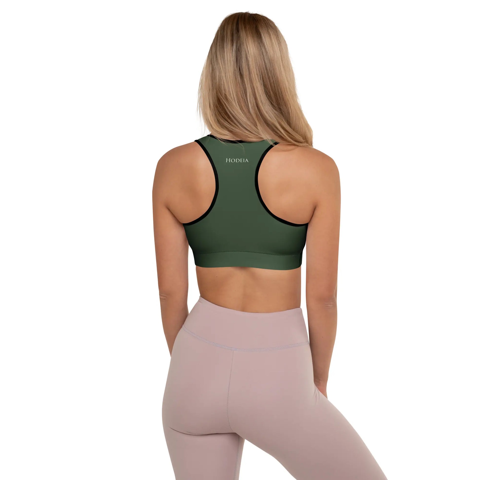 brassière de sport rembourrée et éco responsable alicia dos coloris vert forêt et noir