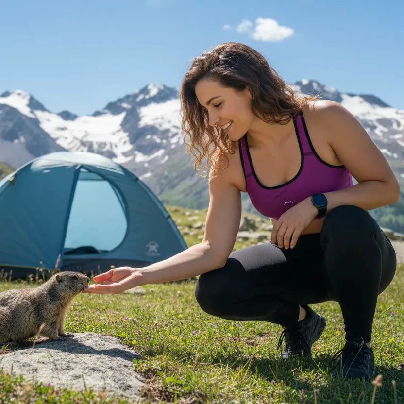 femme portant la brassière de sport éco-responsable rembourée alicia coloris violet et noir à la montagne