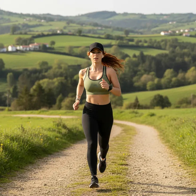 femme portant la brassière de sport éco-responsable rembourée alicia coloris vert kaki et noir qui court à la campagne