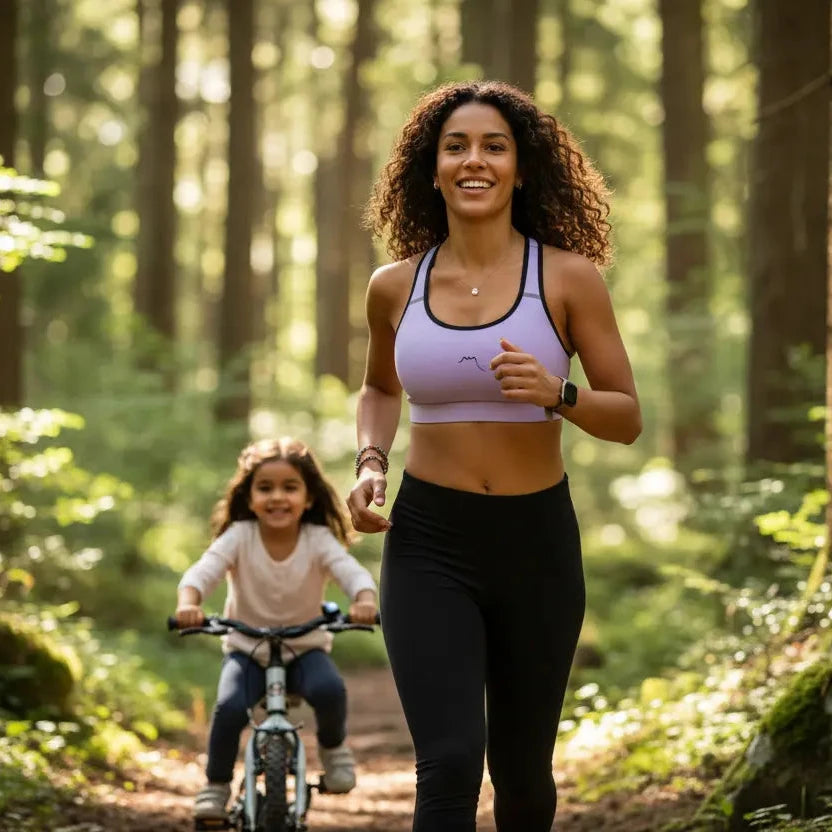 femme portant la brassière de sport éco-responsable rembourée alicia coloris mauve clair et noir en forêt
