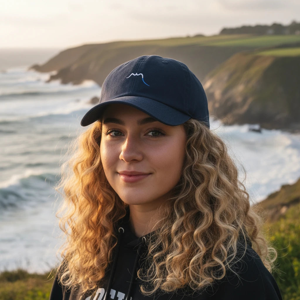 femme portant la casquette de baseball en  sergé de coton réglable coloris bleu marine devant l'océan 