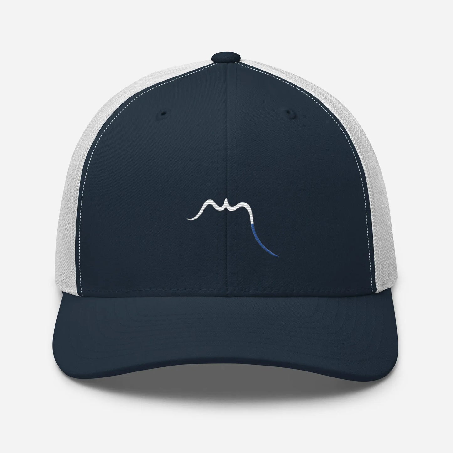 casquette de camionneur respirante légère et réglable face coloris bleu marine et blanc logo blanc