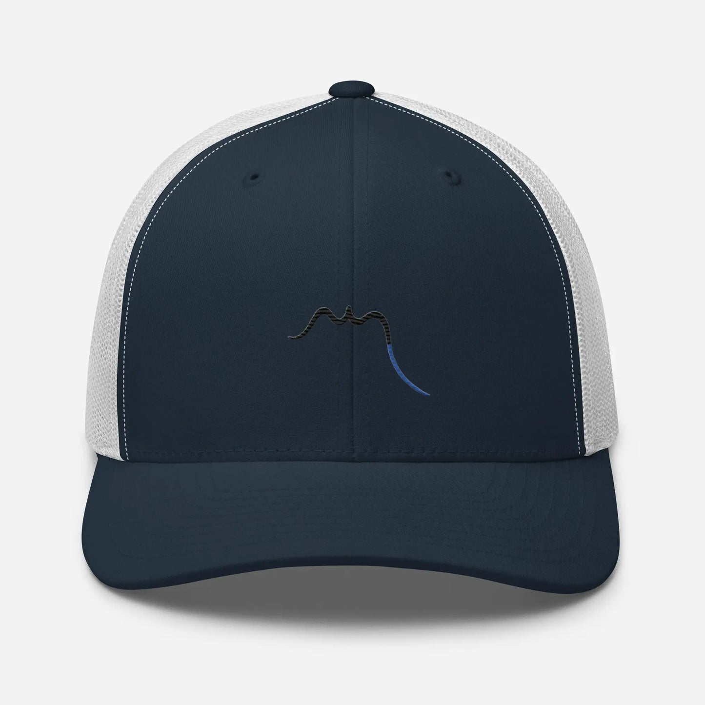 casquette de camionneur respirante légère et réglable face coloris bleu marine et blanc logo noir