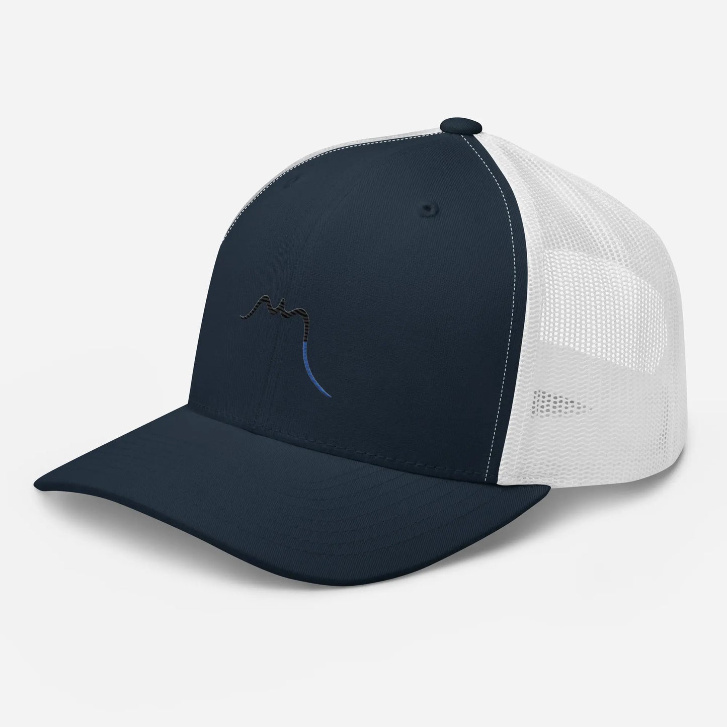 casquette de camionneur respirante légère et réglable trois quart coloris bleu marine et blanc logo noir