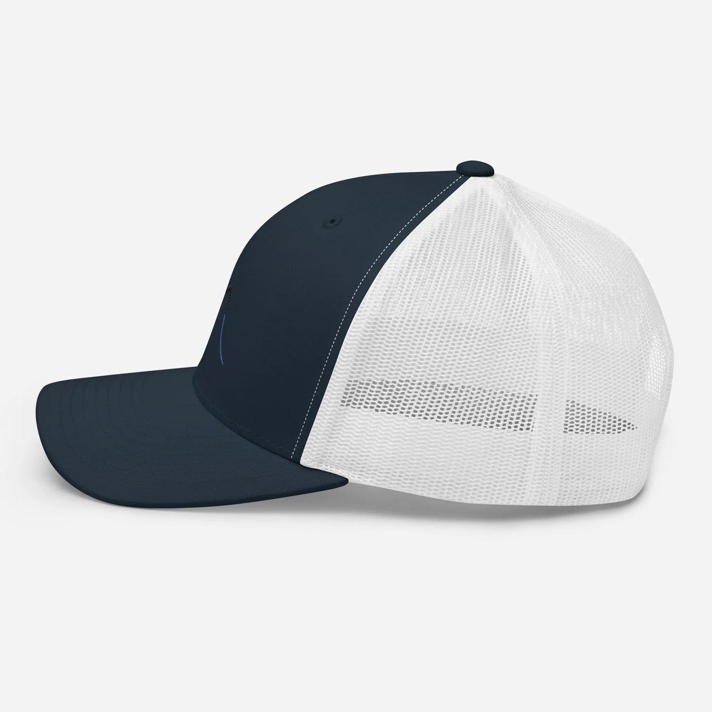 casquette de camionneur respirante légère et réglable côté coloris bleu marine et blanc logo noir 