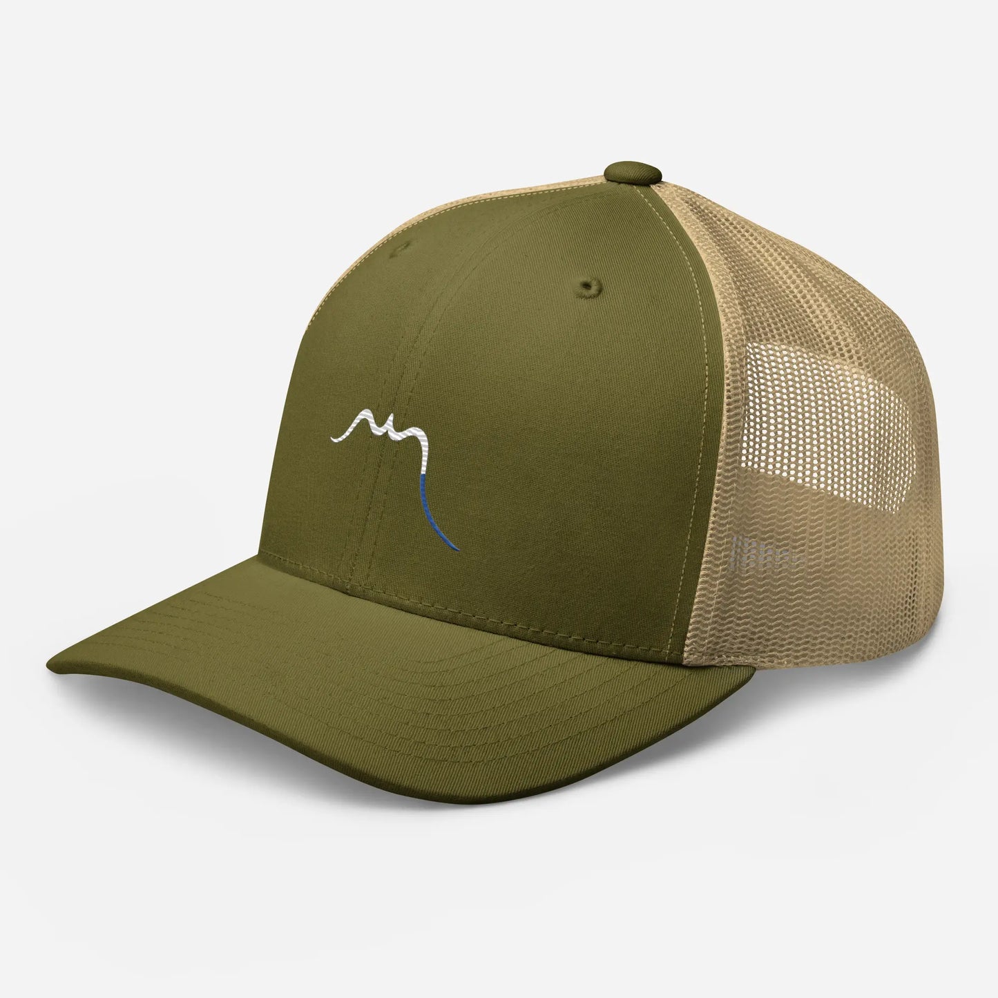 casquette de camionneur respirante légère et réglable trois quart coloris vert kaki et beige logo blanc