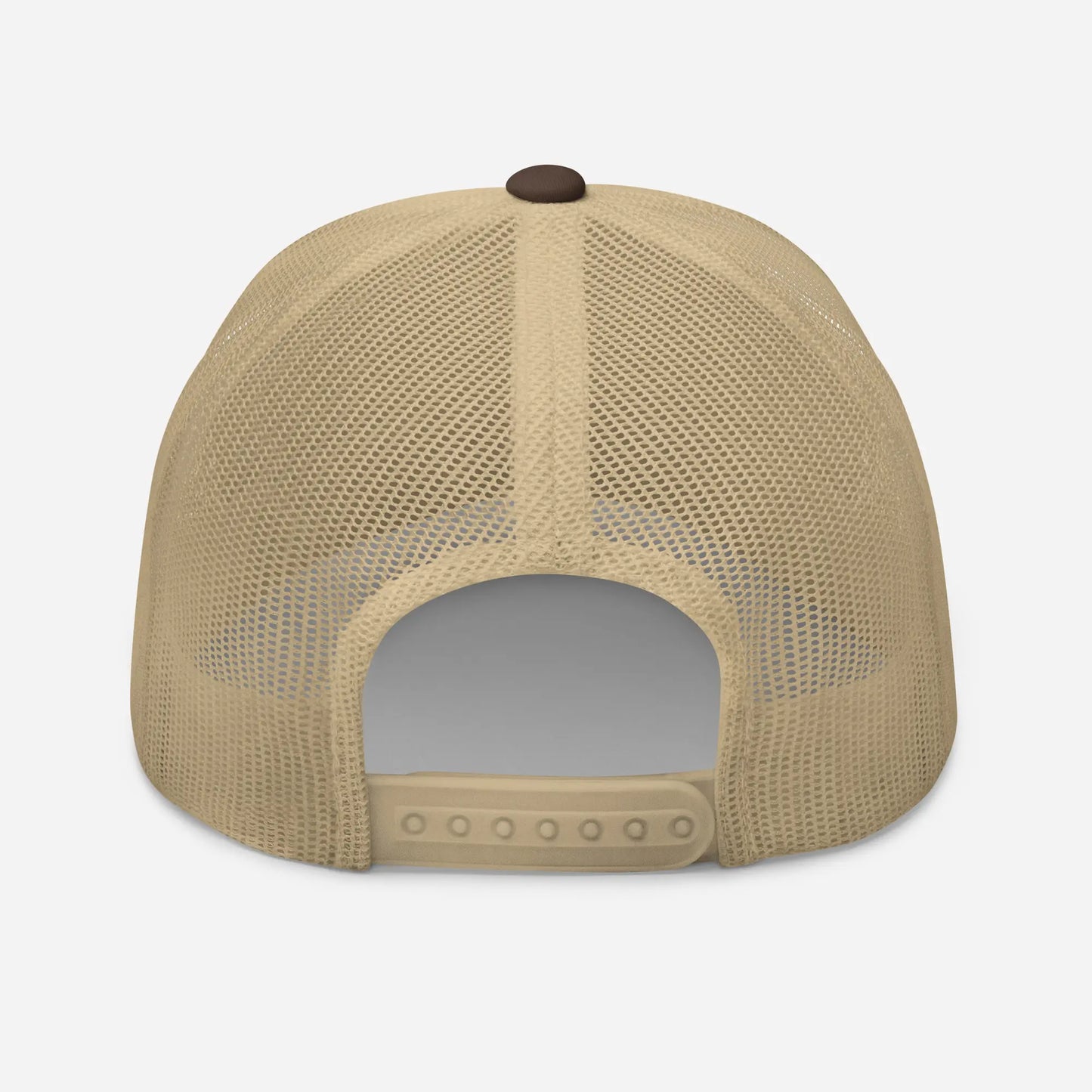 casquette de camionneur respirante légère et réglable dos coloris marron et beige logo blanc