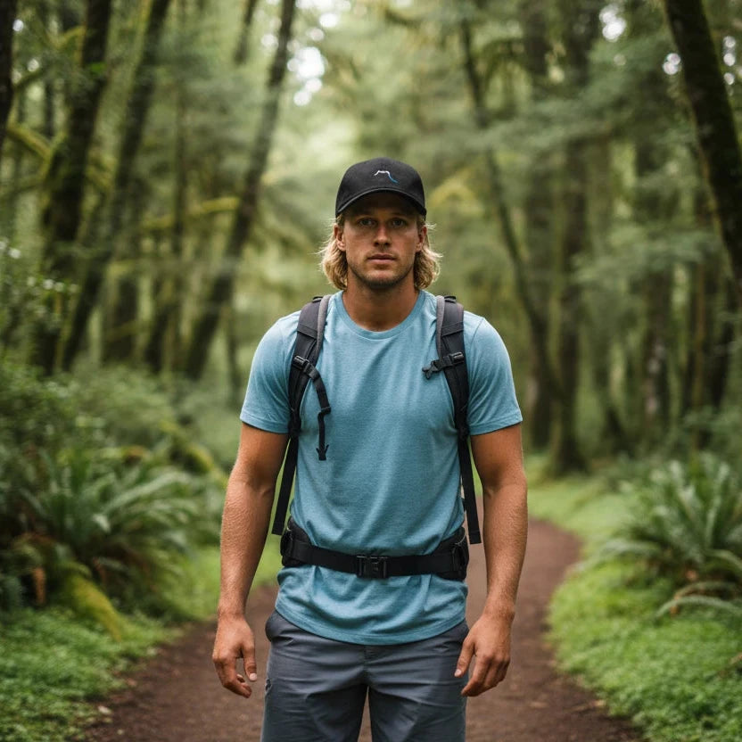 homme portant la casquette éco-responsable en coton bio réglable coloris noir en forêt