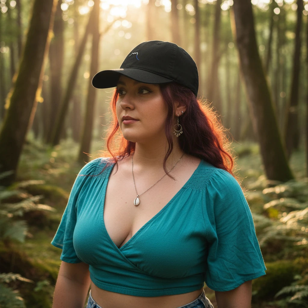 femme portant la casquette éco responsable en coton bio réglable coloris noir en forêt