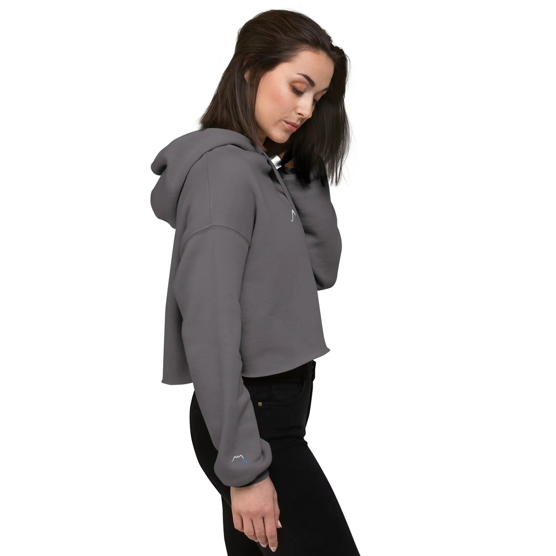 vue sur la broderie de manche droite du crop-top hoodie brodé lesaka coloris gris