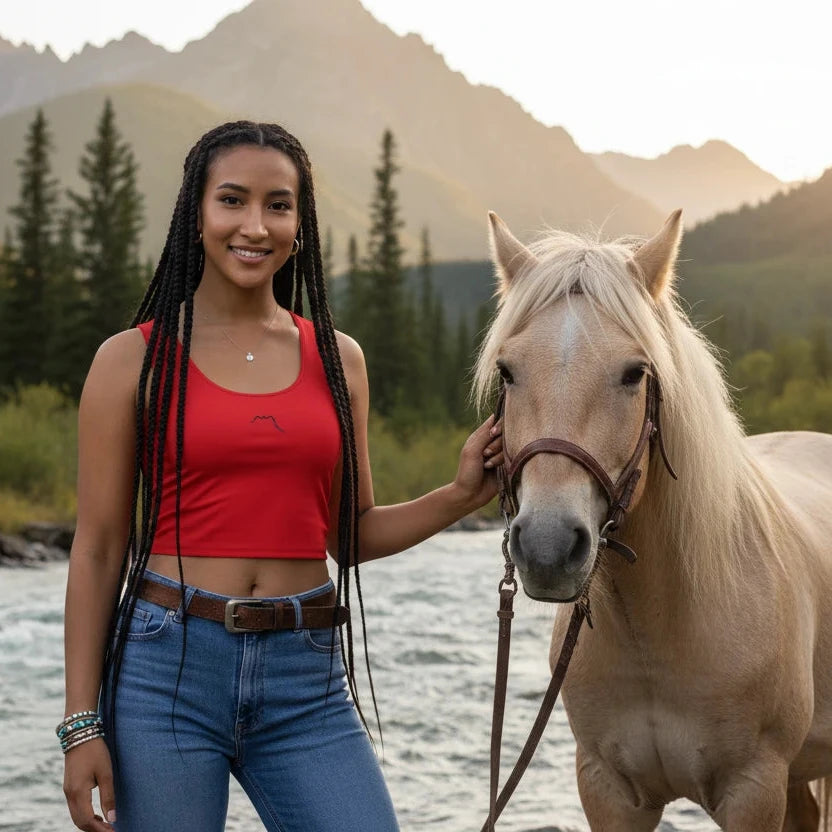 femme portant le crop top yesa coloris rouge logo noir en pleine nature