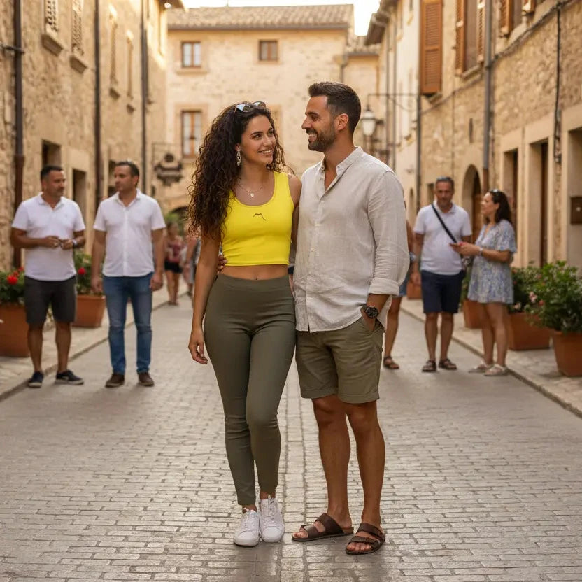 femme portant le crop top yesa coloris jaune dans un village au pays basque