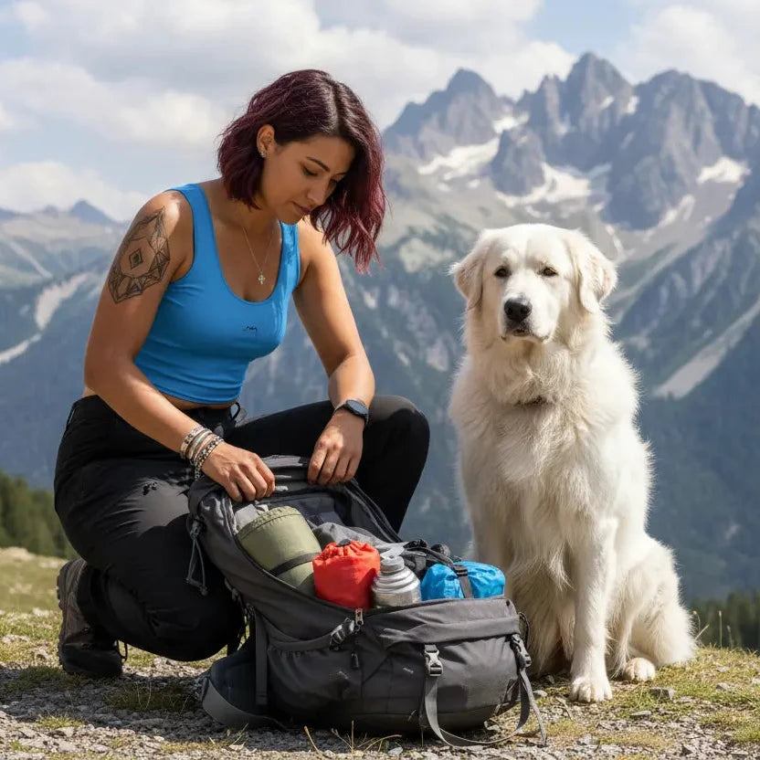 femme portant le crop top yesa coloris bleu lagon en randonnée à la montagne avec son chien