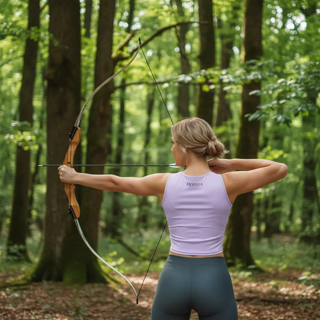 femme portant le crop top yesa coloris mauve clair dans une forêt