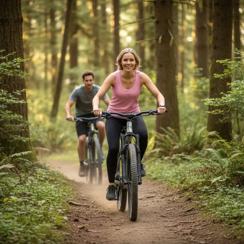 femme portant le débardeur angelu coloris rose en vtt dans une forêt