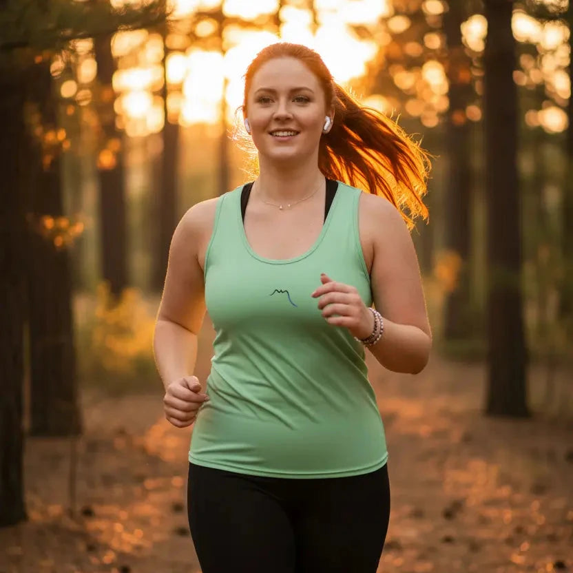 femme portant le débardeur angelu coloris vert clair en forêt