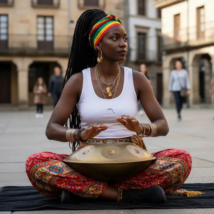 femme portant le débardeur angelu coloris blanc et jouant du hand pan dans un village