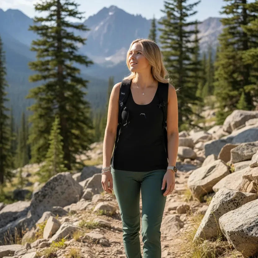 femme portant le débardeur angelu coloris noir en randonnée à la montagne