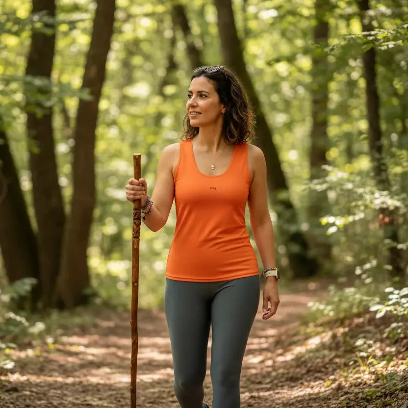 femme portant le débardeur angelu coloris orange en marchant dans les bois