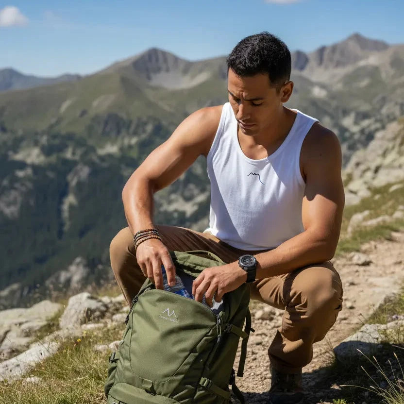 homme portant le débardeur aizkora coloris blanc en randonnée à la montagne