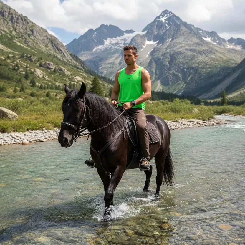 homme portant le débardeur aizkora coloris vert brillant en cheval à la montagne