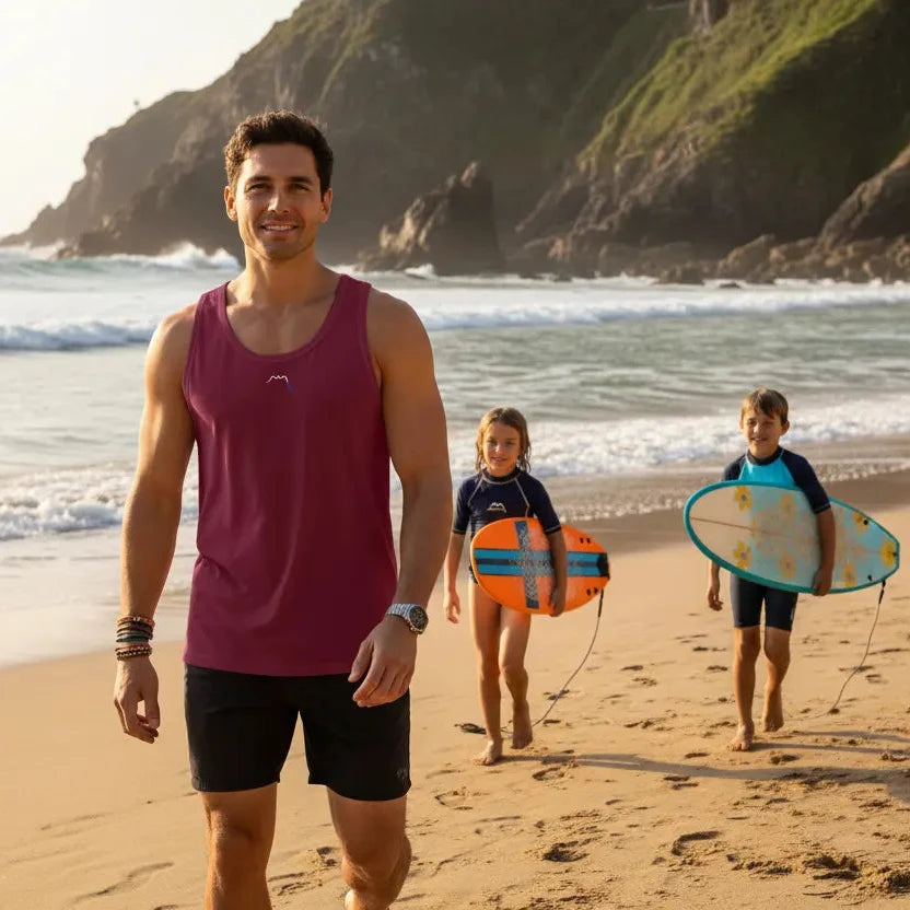homme portant le débardeur aizkora coloris rouge bordeaux avec des enfants surfeurs sur la plage