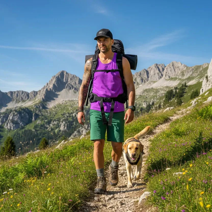 homme portant le débardeur aizkora coloris violet en randonnée à la montagne