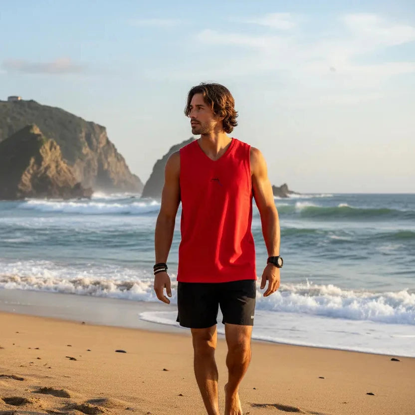 homme portant le débardeur eguzki coloris rouge sur une plage de surf