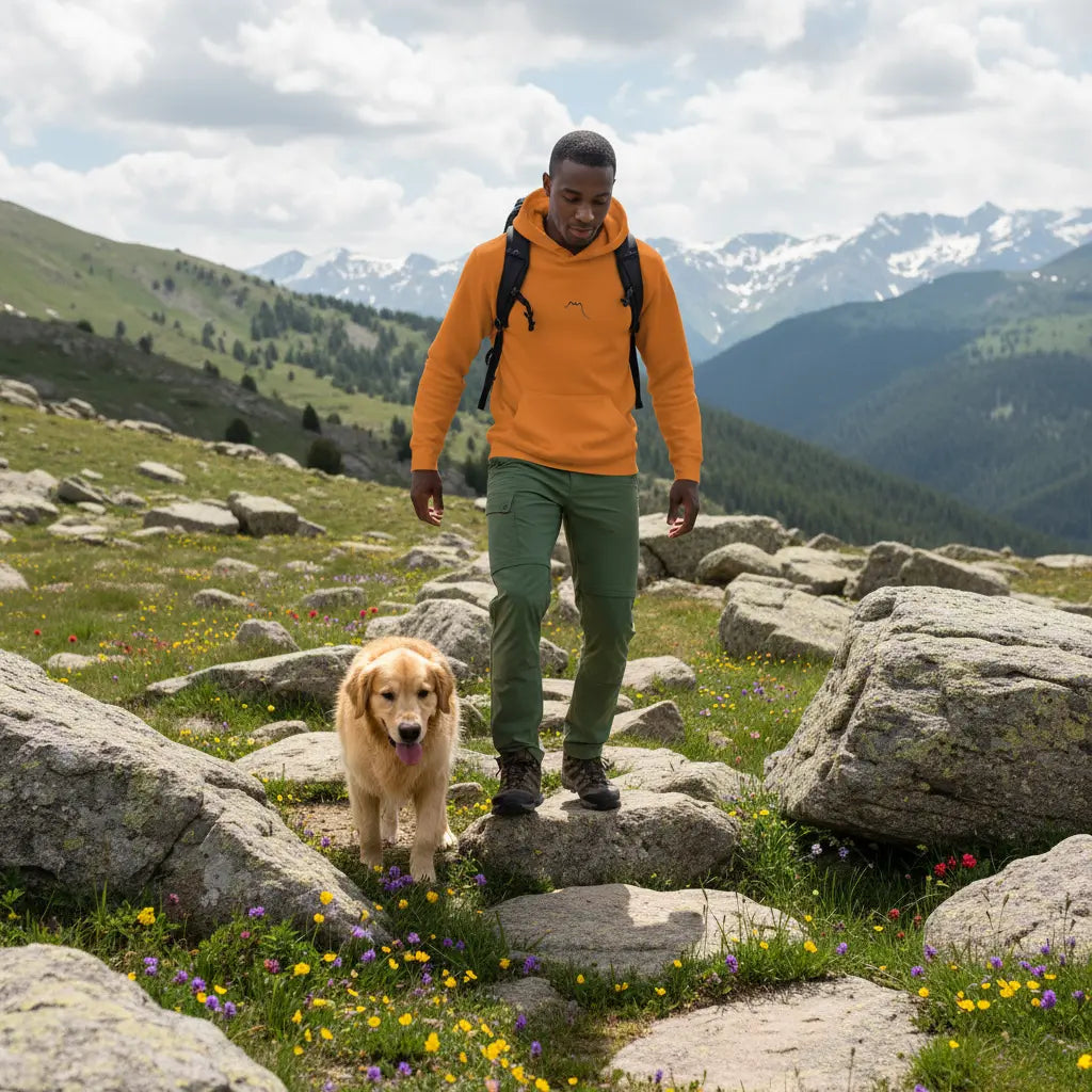 homme portant le hoodie en coton bio negua coloris orange autumn en randonnée à la montagne avec son chien