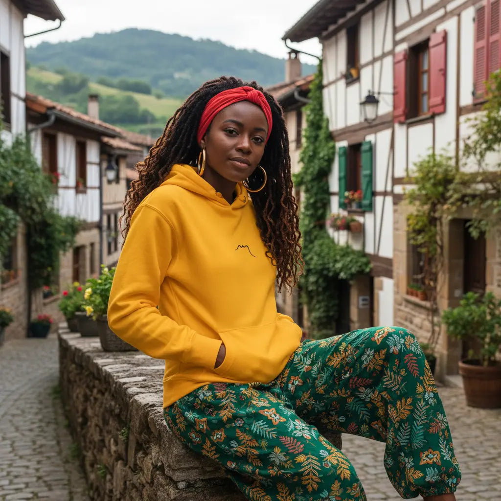 femme portant le hoodie en coton negua coloris orange pâle dans un village du pays basque