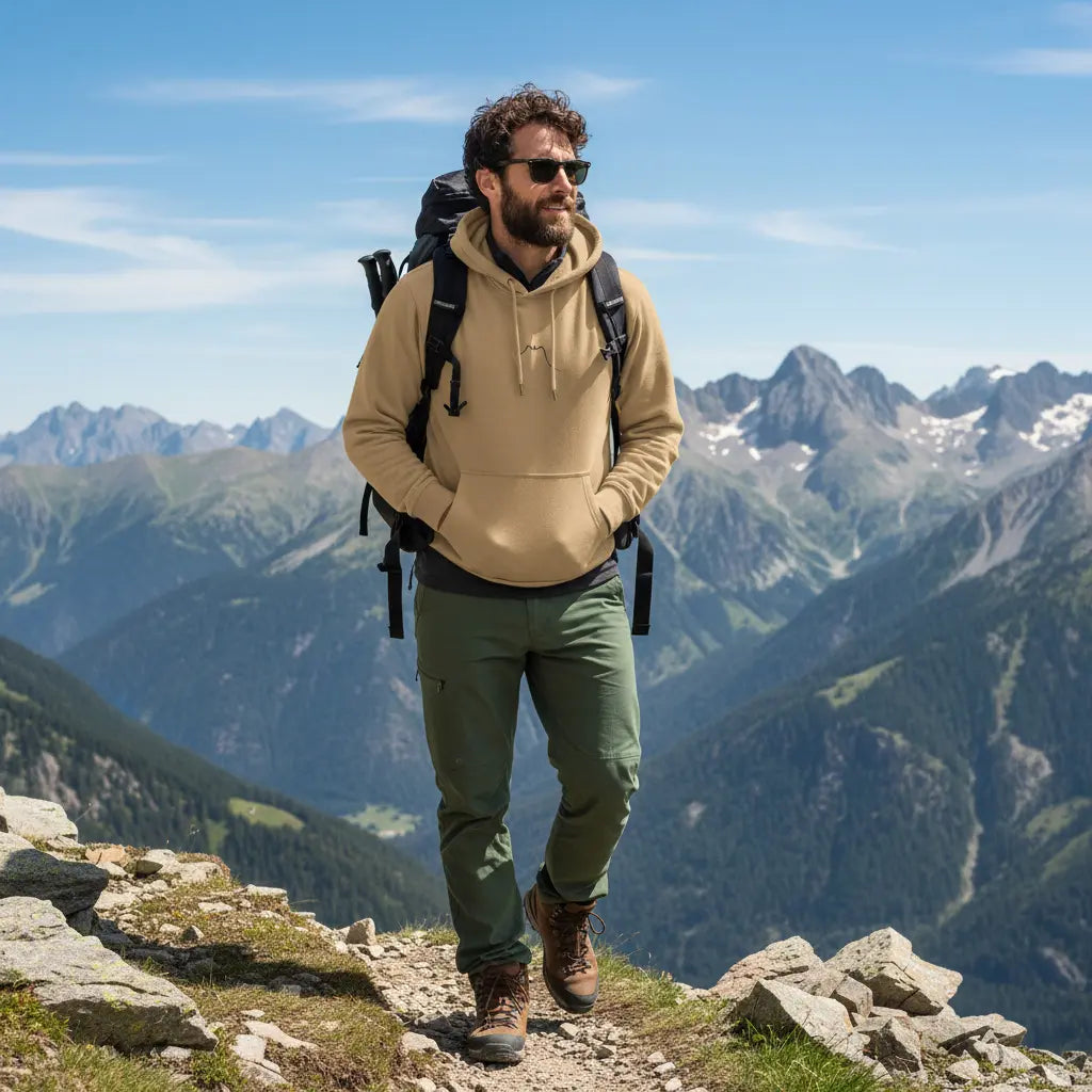 homme portant le hoodie en coton bio negua coloris beige en randonnée à la montagne