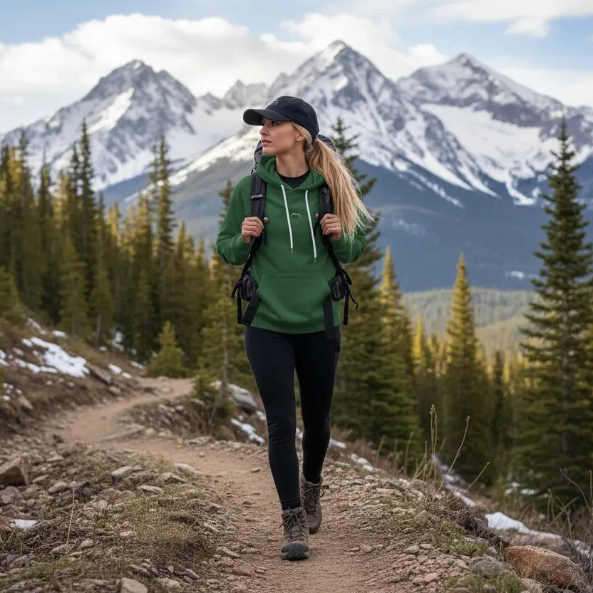 femme portant le hoodie negua coloris vert forêt en randonnée à la montagne