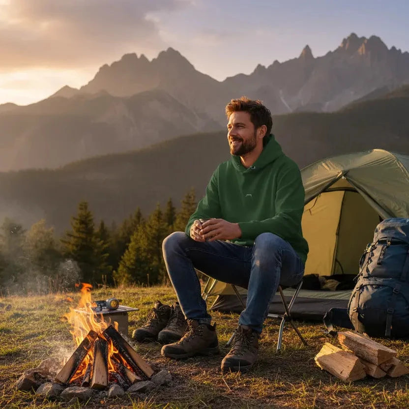 homme portant le hoodie negua coloris vert forêt en camping à la montagne